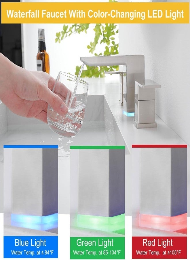 BESy LED Brushed Nickel Square Bathroom Faucets 3 Hole Waterfall 8 Inch Widespread with 3 Colors Light Changing Sink Faucet with Pop-up Drain and Supply Lines 2 Handles for Vanity, Lavatory, Restroom - Image 2