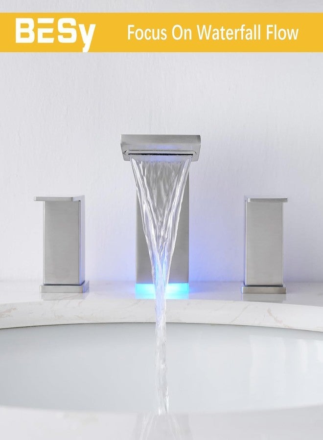 BESy LED Brushed Nickel Square Bathroom Faucets 3 Hole Waterfall 8 Inch Widespread with 3 Colors Light Changing Sink Faucet with Pop-up Drain and Supply Lines 2 Handles for Vanity, Lavatory, Restroom - Image 3