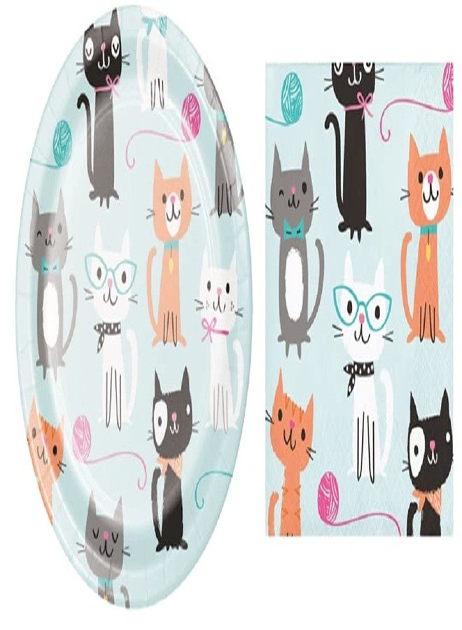 Creative Converting Party Creations Cat Party Dessert Plates (16) and Beverage Napkin (16) Bundle - Image 1