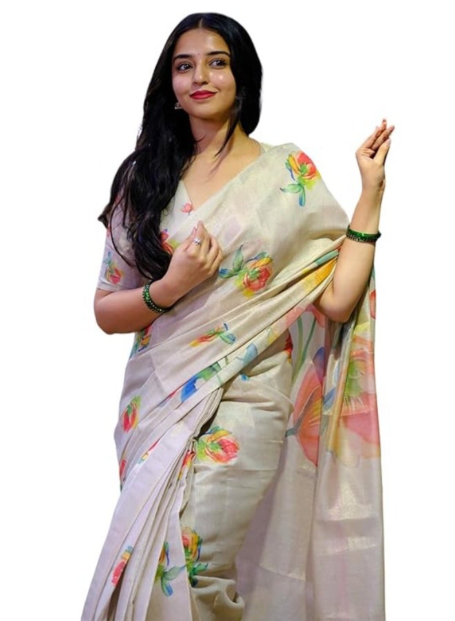 YASHIKA ساري Chanderi النسائي من Yashika مطبوع عليه زهور رقمية مع مادة بلوزة غير مخيطة - Image 1