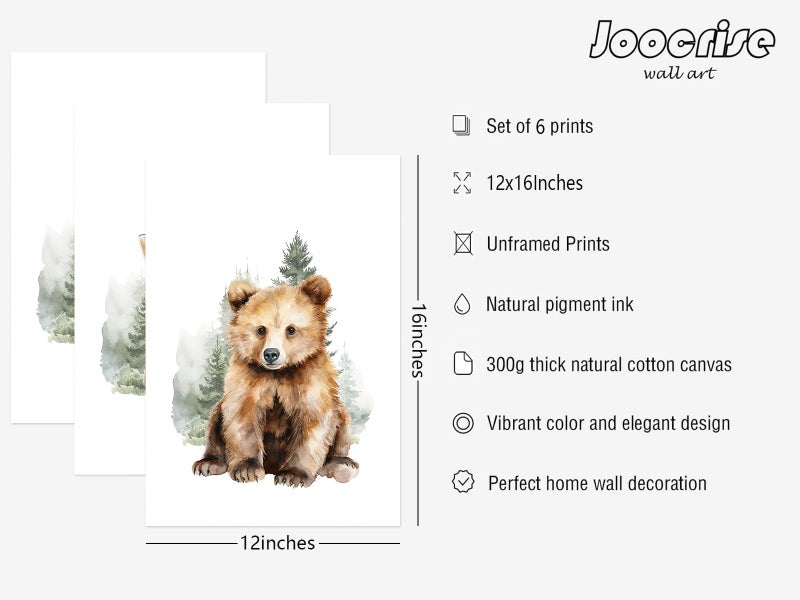 Joocrise Woodland Animal Nursery Wall Art Decor Set of 6 Baby Boys Room Wall Art Forest Animal Canvas Wall Decor Kids Art Prints Watercolor Bear Deer Fox Pictures Artwork for Bedroom 12x16 Inch Unframed - Image 2