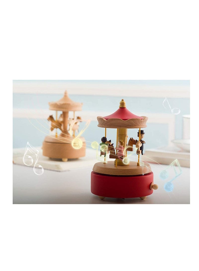 SYOSI Carousel Music Box, Handmade Wooden Merry-Go-Round Horse Musical Box Turn Horse Shaped Wood Crafts Birthday Home Decor(Red) - Image 2