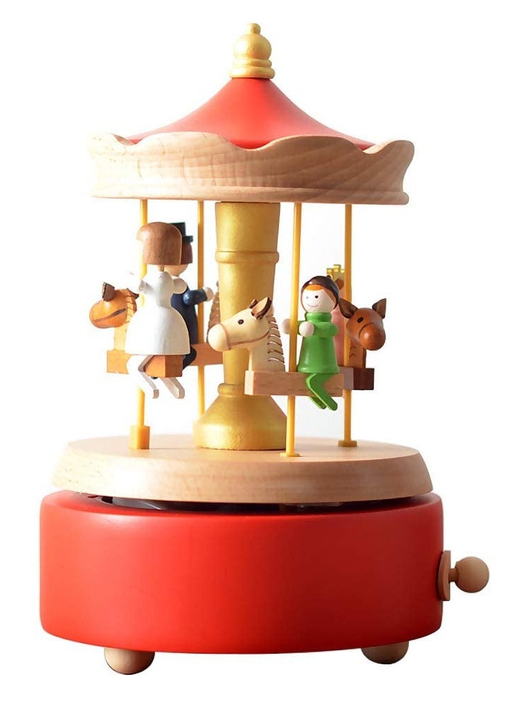 SYOSI Carousel Music Box, Handmade Wooden Merry-Go-Round Horse Musical Box Turn Horse Shaped Wood Crafts Birthday Home Decor(Red) - Image 1