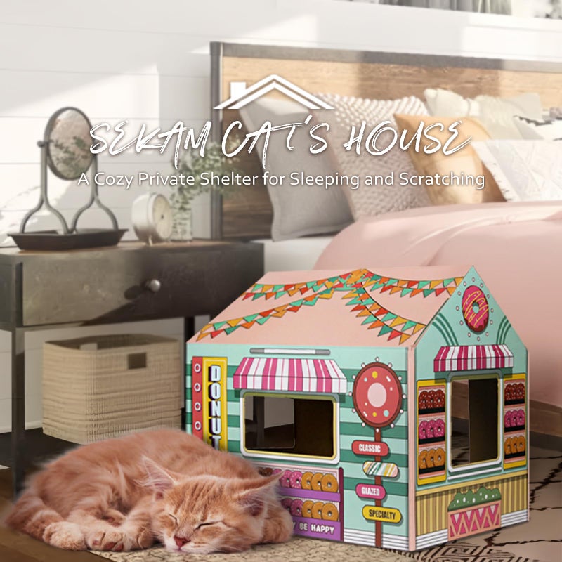 SEKAM Cardboard Cat House with Scratcher/Catnip (16.5'' x 12'' x 15''), Donut Shop for Indoor/Outdoor, Cat Scratch Box & Home Decor, Hideout for Small Animals - Image 2