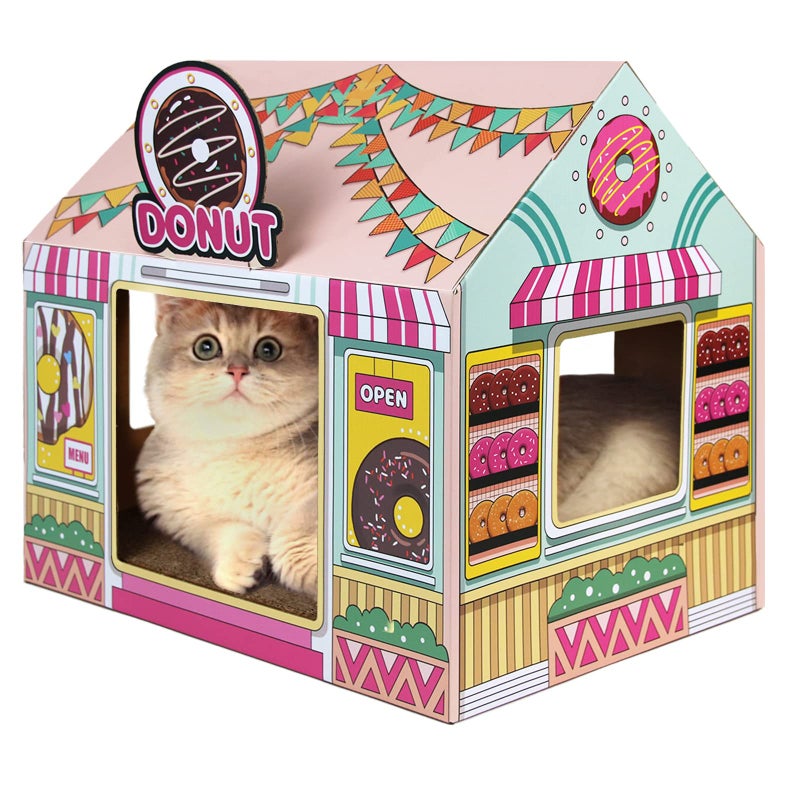 SEKAM Cardboard Cat House with Scratcher/Catnip (16.5'' x 12'' x 15''), Donut Shop for Indoor/Outdoor, Cat Scratch Box & Home Decor, Hideout for Small Animals - Image 1