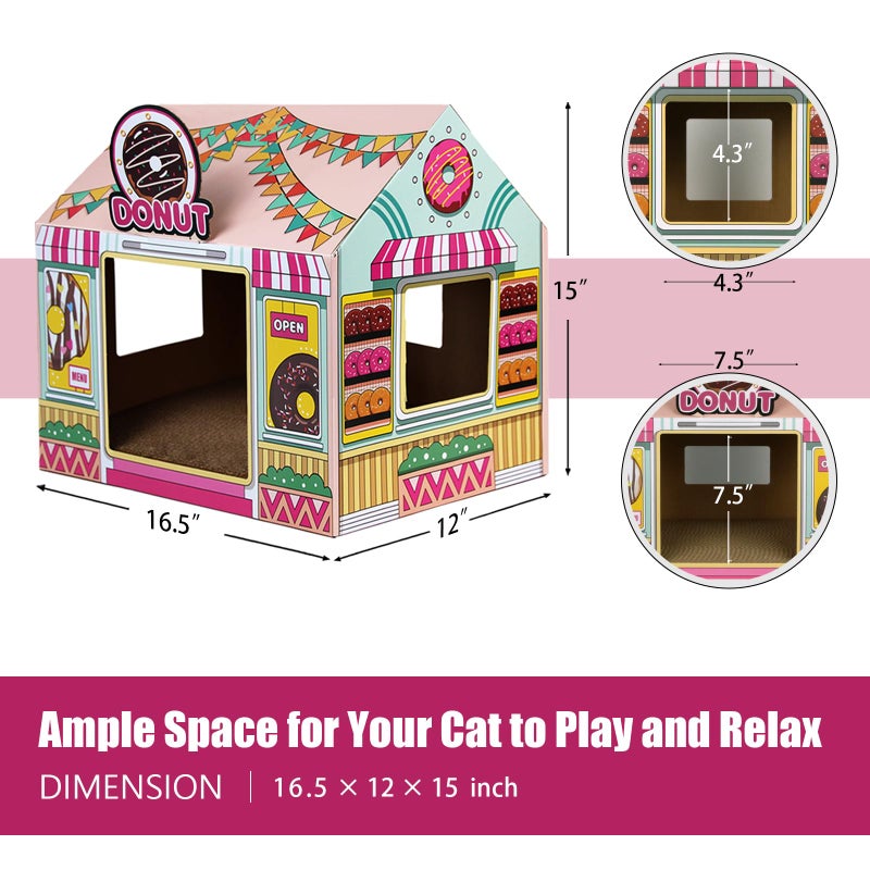 SEKAM Cardboard Cat House with Scratcher/Catnip (16.5'' x 12'' x 15''), Donut Shop for Indoor/Outdoor, Cat Scratch Box & Home Decor, Hideout for Small Animals - Image 5