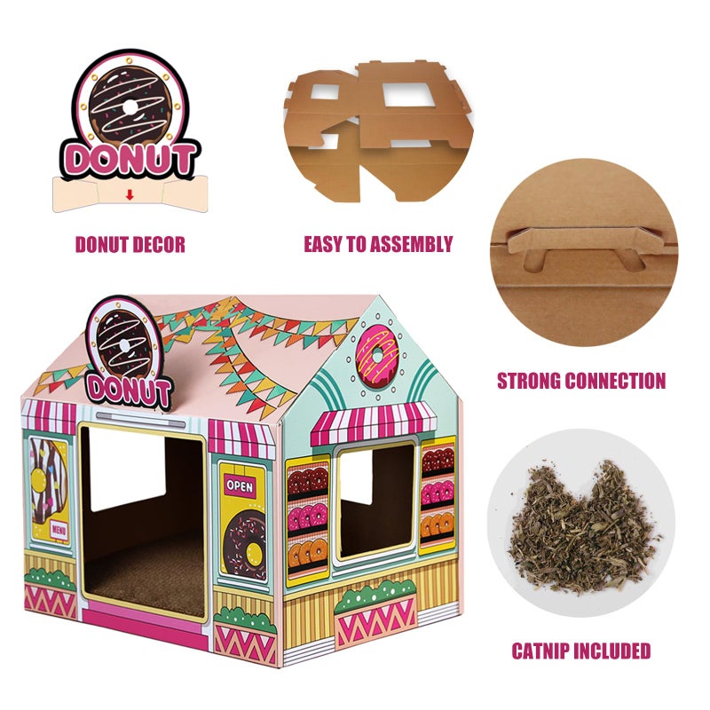 SEKAM Cardboard Cat House with Scratcher/Catnip (16.5'' x 12'' x 15''), Donut Shop for Indoor/Outdoor, Cat Scratch Box & Home Decor, Hideout for Small Animals - Image 3