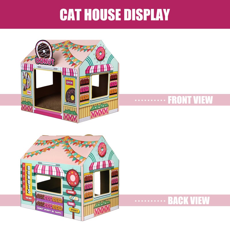 SEKAM Cardboard Cat House with Scratcher/Catnip (16.5'' x 12'' x 15''), Donut Shop for Indoor/Outdoor, Cat Scratch Box & Home Decor, Hideout for Small Animals - Image 4