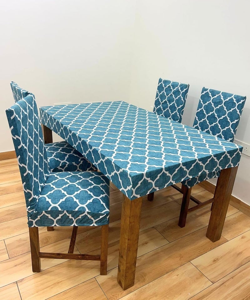 ohello Polycotton Chair Covers Set of 4 with Table Cover are Stretchable slipcover Easily Washable Dining Chair Cover for Home use CTC_007 Aqua - Image 1