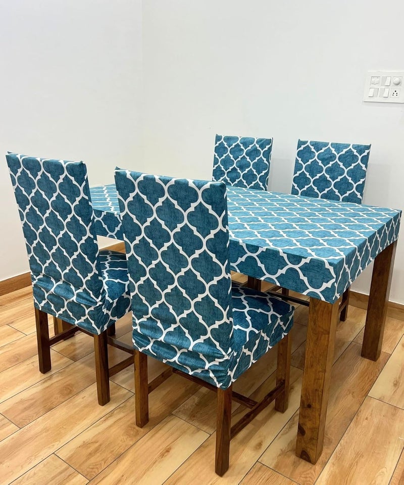 ohello Polycotton Chair Covers Set of 4 with Table Cover are Stretchable slipcover Easily Washable Dining Chair Cover for Home use CTC_007 Aqua - Image 2