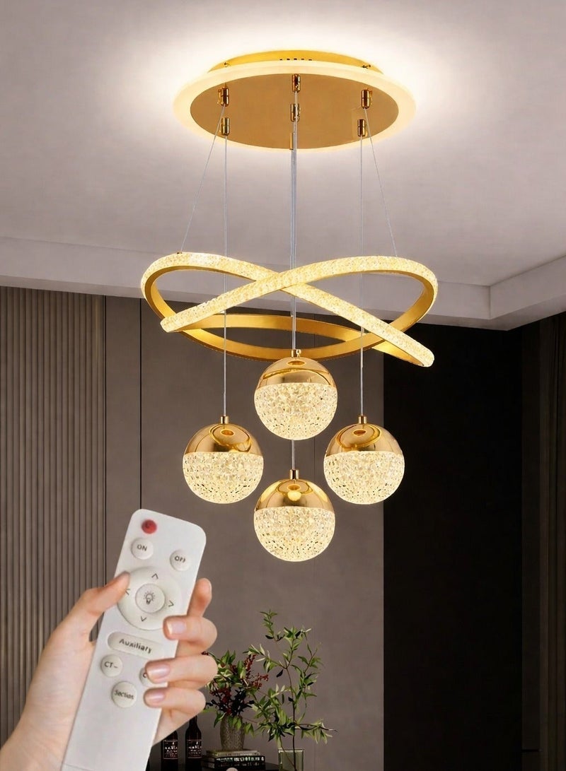 الثريات ثريا LED مودرن ذهبية 50 سم – تصميم فاخر بـ4 كرات إضاءة مع 3 ألوان (أبيض/دافئ/طبيعي) – ريموت كنترول – مثالية لغرفة المعيشة - Image 5