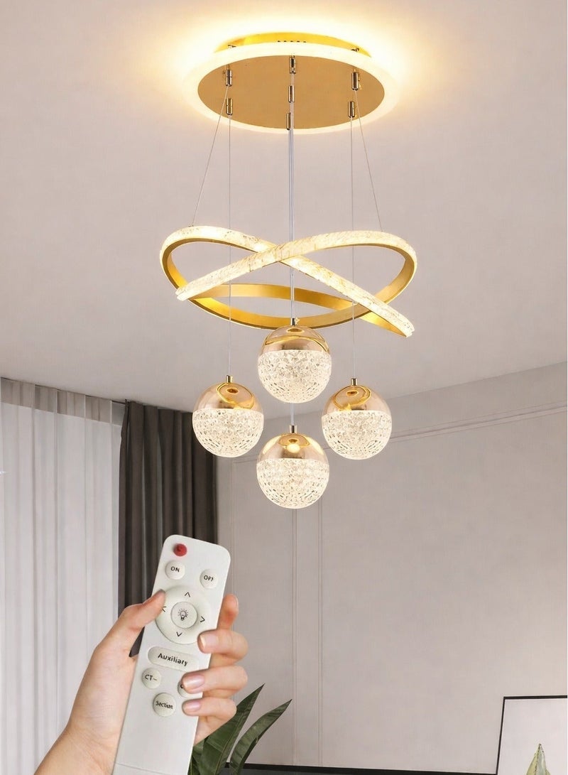 الثريات ثريا LED مودرن ذهبية 50 سم – تصميم فاخر بـ4 كرات إضاءة مع 3 ألوان (أبيض/دافئ/طبيعي) – ريموت كنترول – مثالية لغرفة المعيشة - Image 1