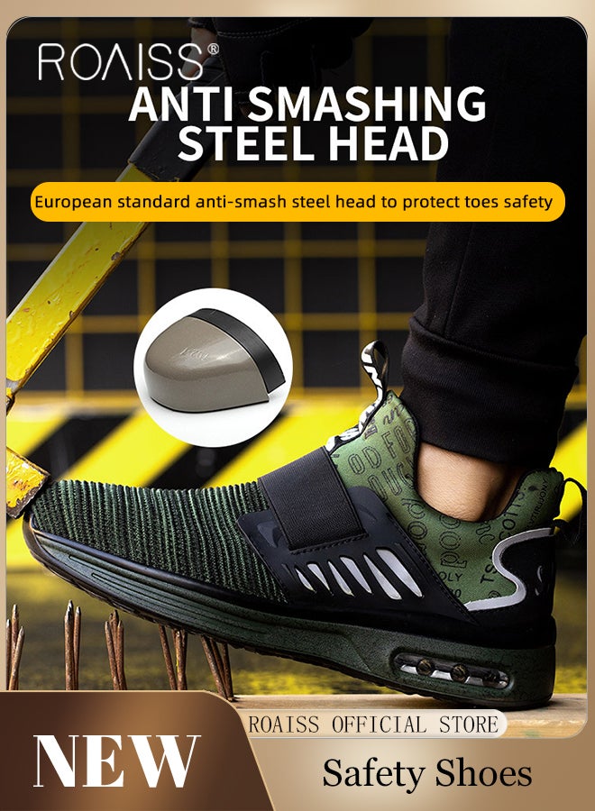 roaiss Men Steel Toe Safety Shoes, Puncture Proof Work Shoes, Stylish Sneakers for Men, Breathable Running Shoes with Soft Sole, Comfy Low Top Sports Shoes, Suitable for Construction, Industrial Sites, Manufacturing and Outdoor Activities Green - Image 1