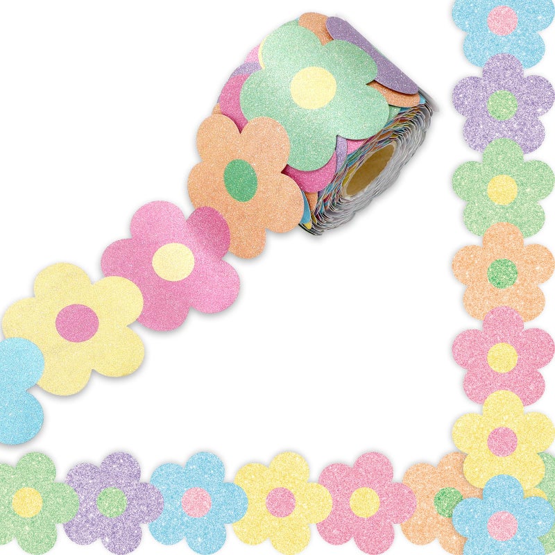 Whaline 656Ft Glitter Pastel Bulletin Board Border Floral Boho Flower Die Cut Trim Border Roll for Chalkboard Wall Decor