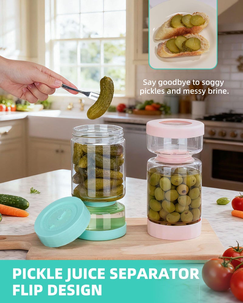 ZENS Pickle Jar with Strainer Flip, 37 oz Hourglass Pickle Juice Separator Container, Airtight Leakproof Lid, Dual Wet-Dry Design, Time Tracker Lid â€“ 2 Pack Olive & Kimchi Jars - Image 4