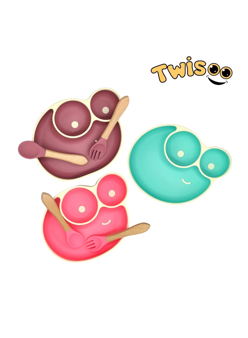 Twisoo Snail Design Silicone Suction Baby Food Plate, BPA-Free Divided Plate, Non-Toxic Feeding Dish with Wooden Spoons, Brown - Image 3