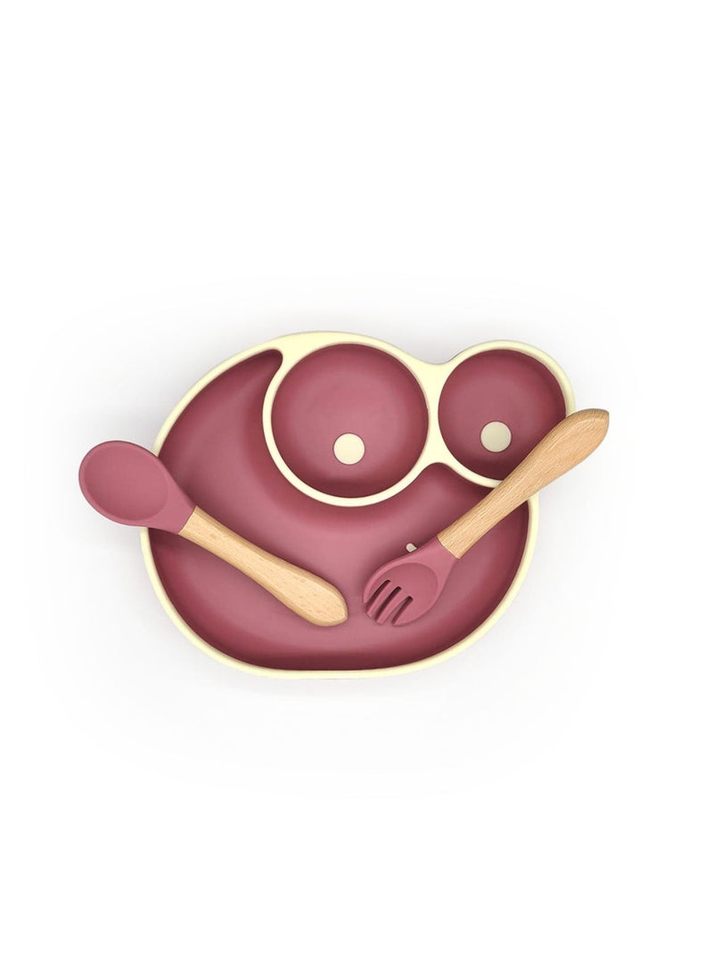 Twisoo Snail Design Silicone Suction Baby Food Plate, BPA-Free Divided Plate, Non-Toxic Feeding Dish with Wooden Spoons, Brown - Image 1