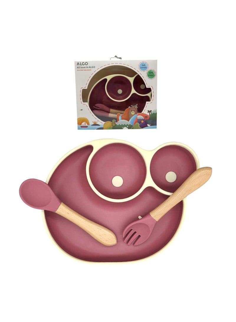 Twisoo Snail Design Silicone Suction Baby Food Plate, BPA-Free Divided Plate, Non-Toxic Feeding Dish with Wooden Spoons, Brown - Image 2