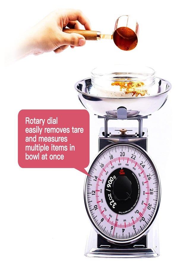 ta da Tada 2 Pound Precise Portions Analog Food Scale 32 Ounces Stainless Steel Mechanical Kitchen Scale Removable Bowl, Tare Function, Retro Style, Kitchen Friendly - Image 2