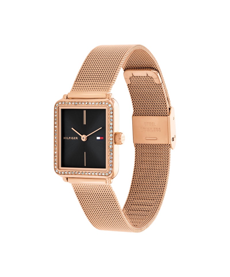 TOMMY HILFIGER Rectangle Analog Women'S Ionic Plated Rose Gold Steel And Crystals Case  Watch - Image 1