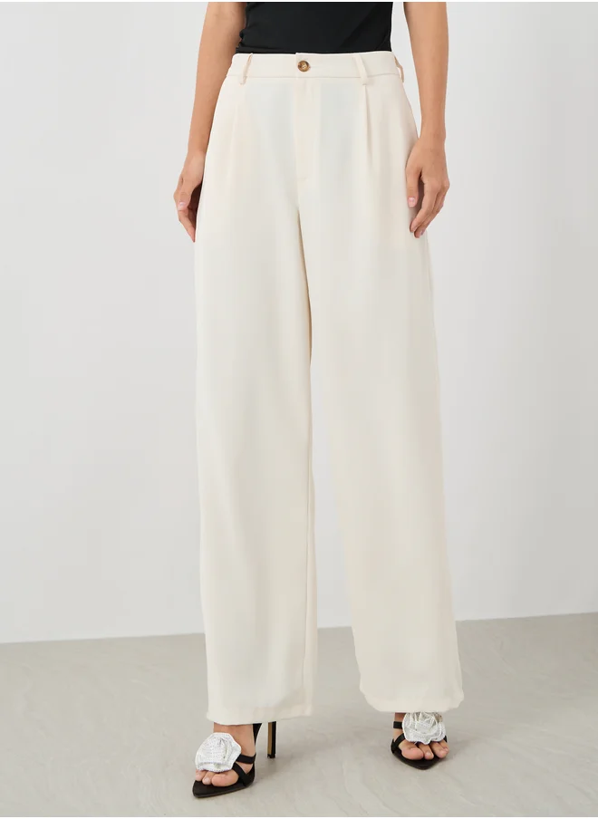 تايك تو Take Two Women Off White Solid Wide Leg Pants with Belt Loops