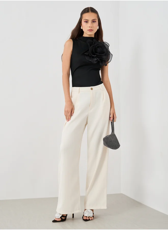 تايك تو Take Two Women Off White Solid Wide Leg Pants with Belt Loops