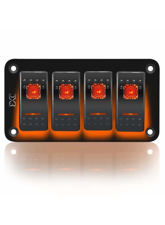 FXC Rocker Switch Aluminum Panel 4 Gang Toggle Switches Dash 5 Pin ON/Off 2 LED Backlit for Boat Car Marine Orange - Image 1