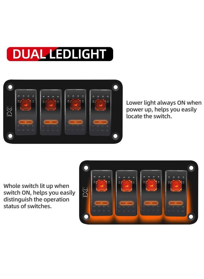 FXC Rocker Switch Aluminum Panel 4 Gang Toggle Switches Dash 5 Pin ON/Off 2 LED Backlit for Boat Car Marine Orange - Image 2