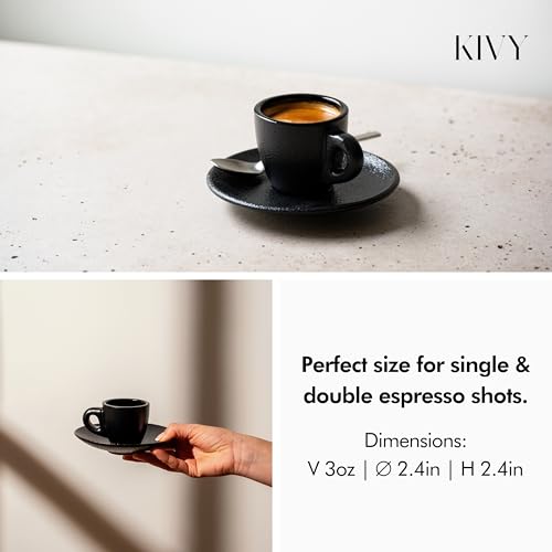 KIVY 3 oz Espresso cups set of 4 - Thick walled stoneware espresso cup set - Italian style cups and saucers - Demitasse cups set of 4 - Espresso mugs black - Coffee shot cups & saucers - Image 4