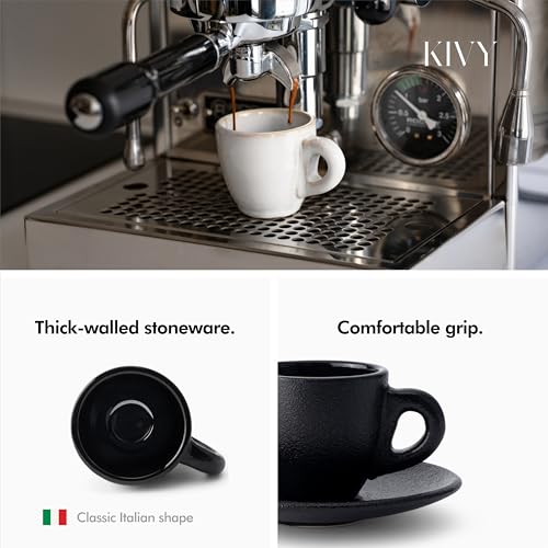KIVY 3 oz Espresso cups set of 4 - Thick walled stoneware espresso cup set - Italian style cups and saucers - Demitasse cups set of 4 - Espresso mugs black - Coffee shot cups & saucers - Image 2
