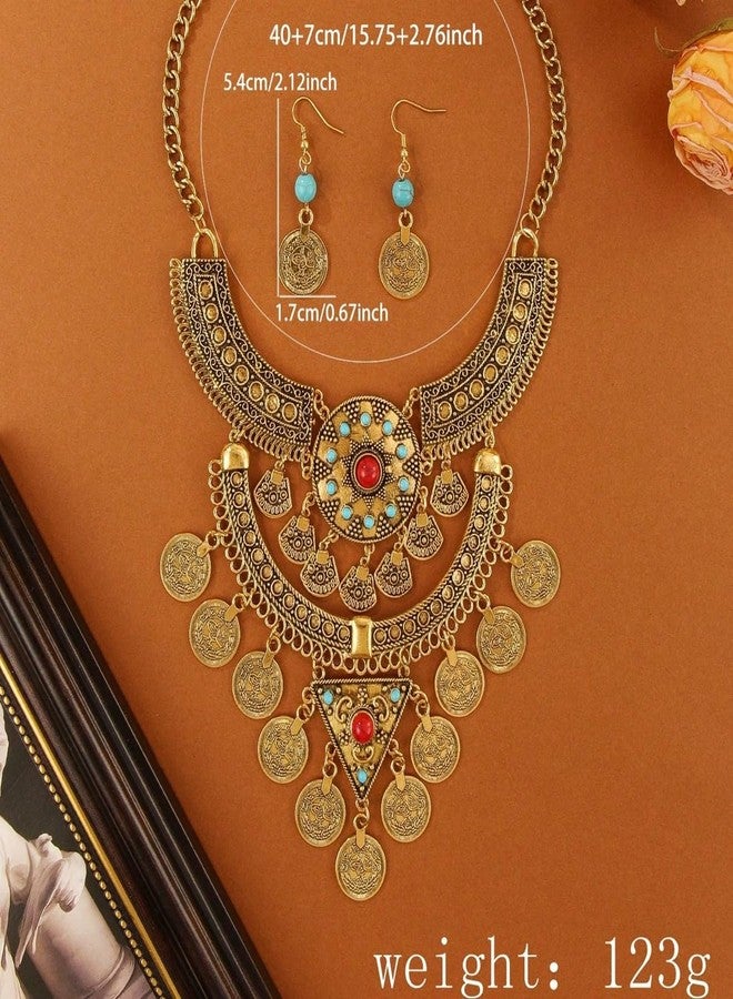 Cykdohy Vintage Ethnic Turquoise Engraved Coin Tassel Collar Bib Necklace Earring Statement Retro Jewelry Set for Women Oxidized Antique Bollywood Gypsy Tribal Boho Exaggerated Choker Bohemian Party Jewelry (Ancient Gold) - Image 5