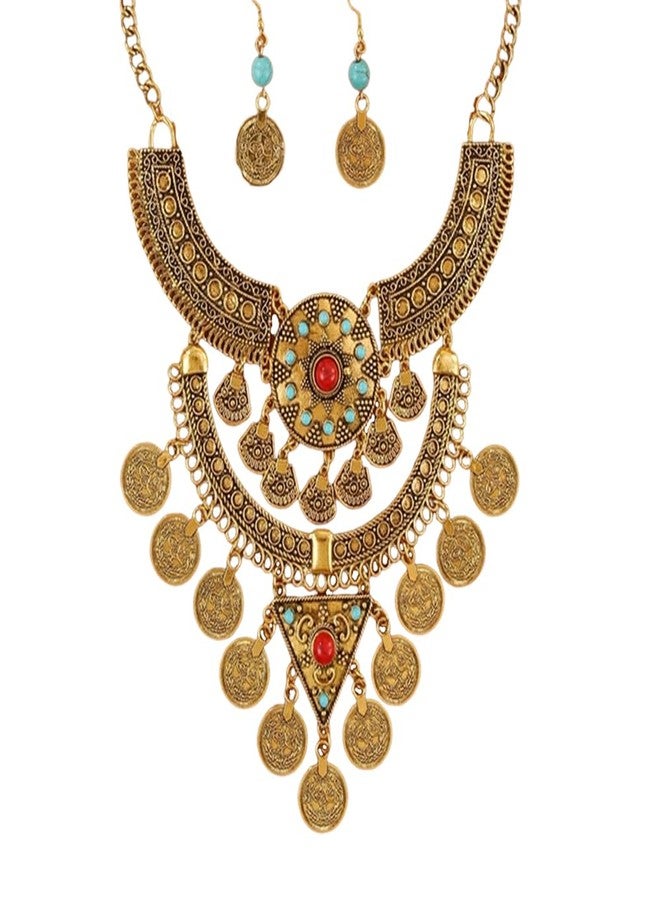 Cykdohy Vintage Ethnic Turquoise Engraved Coin Tassel Collar Bib Necklace Earring Statement Retro Jewelry Set for Women Oxidized Antique Bollywood Gypsy Tribal Boho Exaggerated Choker Bohemian Party Jewelry (Ancient Gold) - Image 1