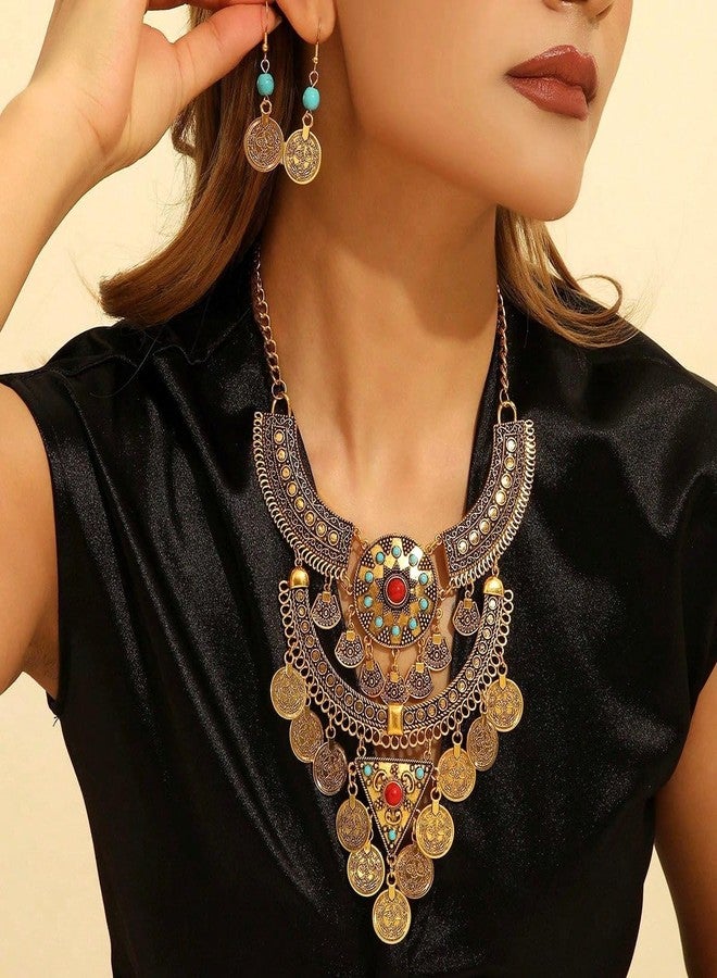 Cykdohy Vintage Ethnic Turquoise Engraved Coin Tassel Collar Bib Necklace Earring Statement Retro Jewelry Set for Women Oxidized Antique Bollywood Gypsy Tribal Boho Exaggerated Choker Bohemian Party Jewelry (Ancient Gold) - Image 2