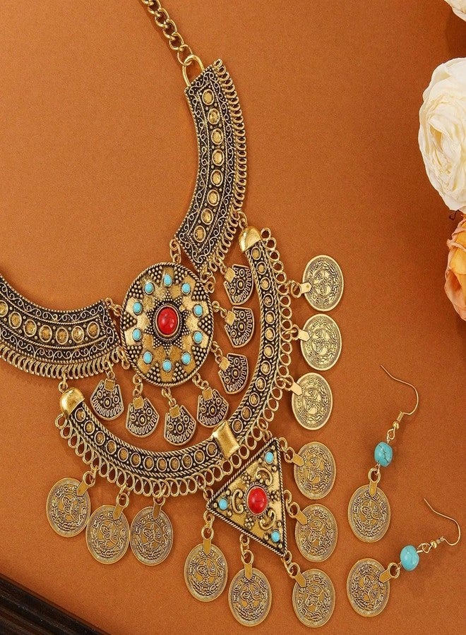 Cykdohy Vintage Ethnic Turquoise Engraved Coin Tassel Collar Bib Necklace Earring Statement Retro Jewelry Set for Women Oxidized Antique Bollywood Gypsy Tribal Boho Exaggerated Choker Bohemian Party Jewelry (Ancient Gold) - Image 4