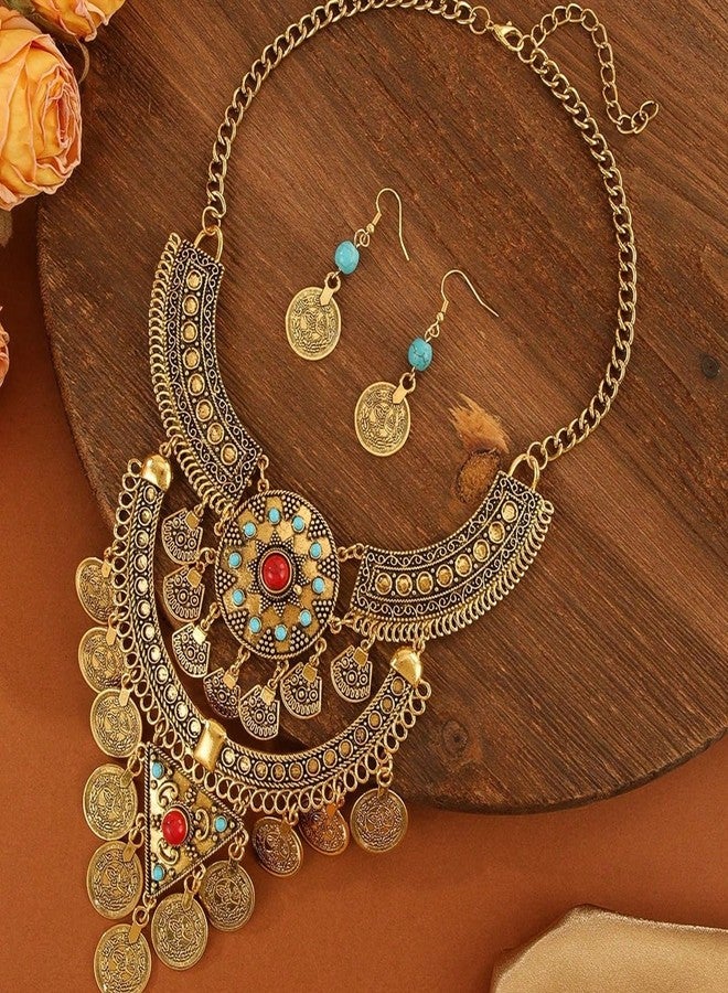 Cykdohy Vintage Ethnic Turquoise Engraved Coin Tassel Collar Bib Necklace Earring Statement Retro Jewelry Set for Women Oxidized Antique Bollywood Gypsy Tribal Boho Exaggerated Choker Bohemian Party Jewelry (Ancient Gold) - Image 3