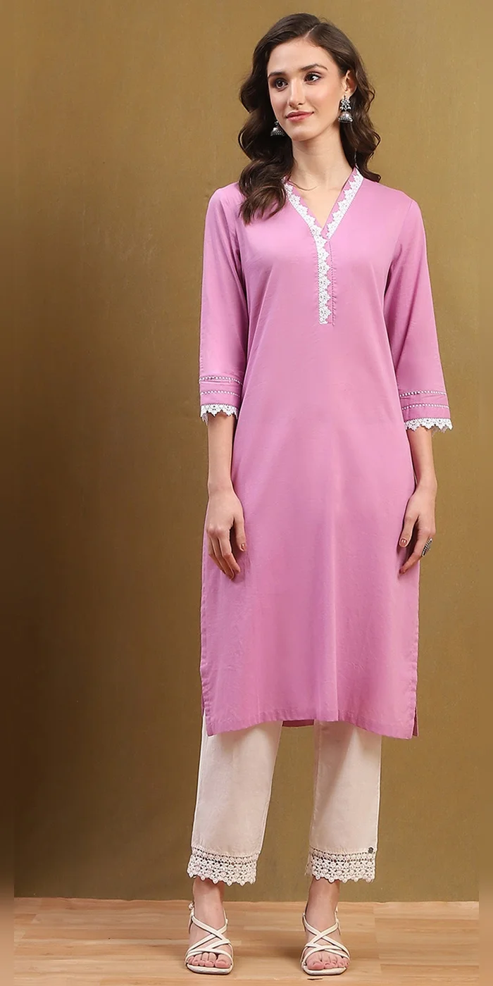 Biba Fondant Pink Women Pink Cotton Solid Regular Fit Straight Kurta for Women | Best Price UAE
