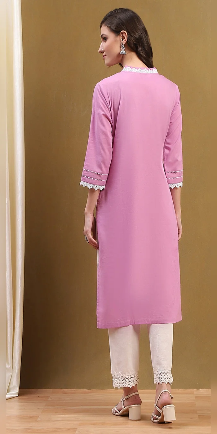 Biba Fondant Pink Women Pink Cotton Solid Regular Fit Straight Kurta for Women | Best Price UAE