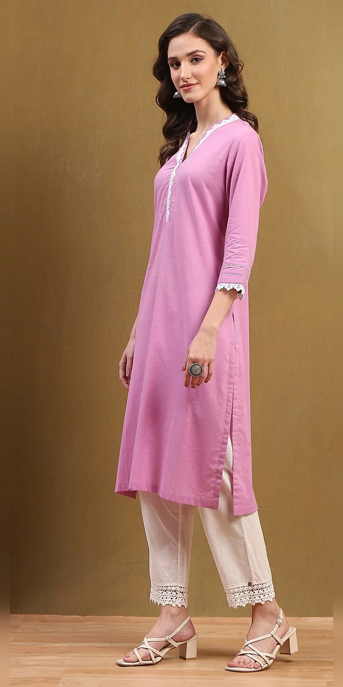 Biba Fondant Pink Women Pink Cotton Solid Regular Fit Straight Kurta for Women | Best Price UAE