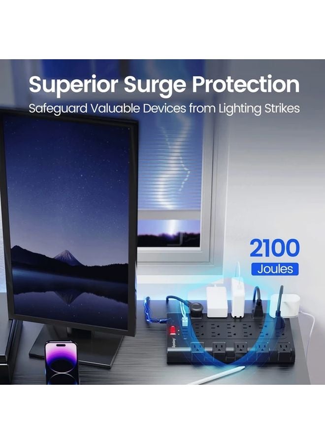 Black Compact Power Strip 22 AC Outlets 6 USB Ports Surge Protector Flat Plug - Image 5