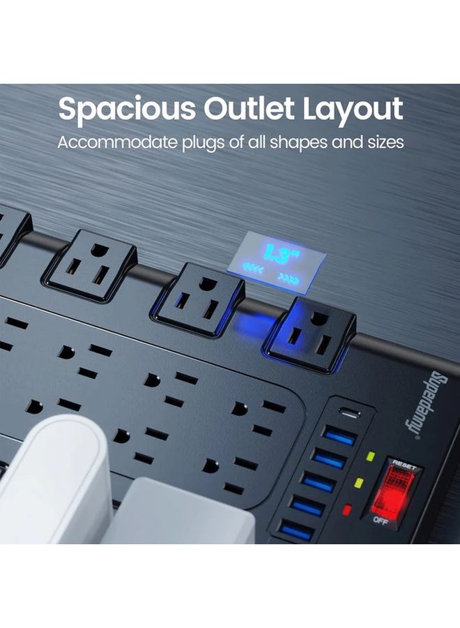Black Compact Power Strip 22 AC Outlets 6 USB Ports Surge Protector Flat Plug - Image 4