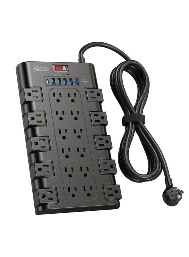 Black Compact Power Strip 22 AC Outlets 6 USB Ports Surge Protector Flat Plug - Image 3