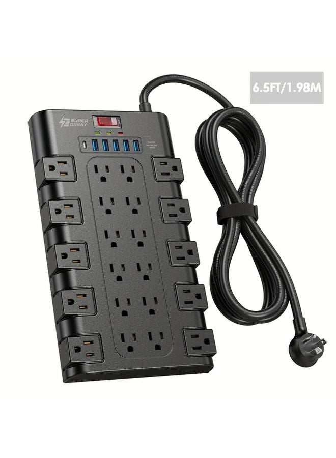 Black Compact Power Strip 22 AC Outlets 6 USB Ports Surge Protector Flat Plug - Image 1