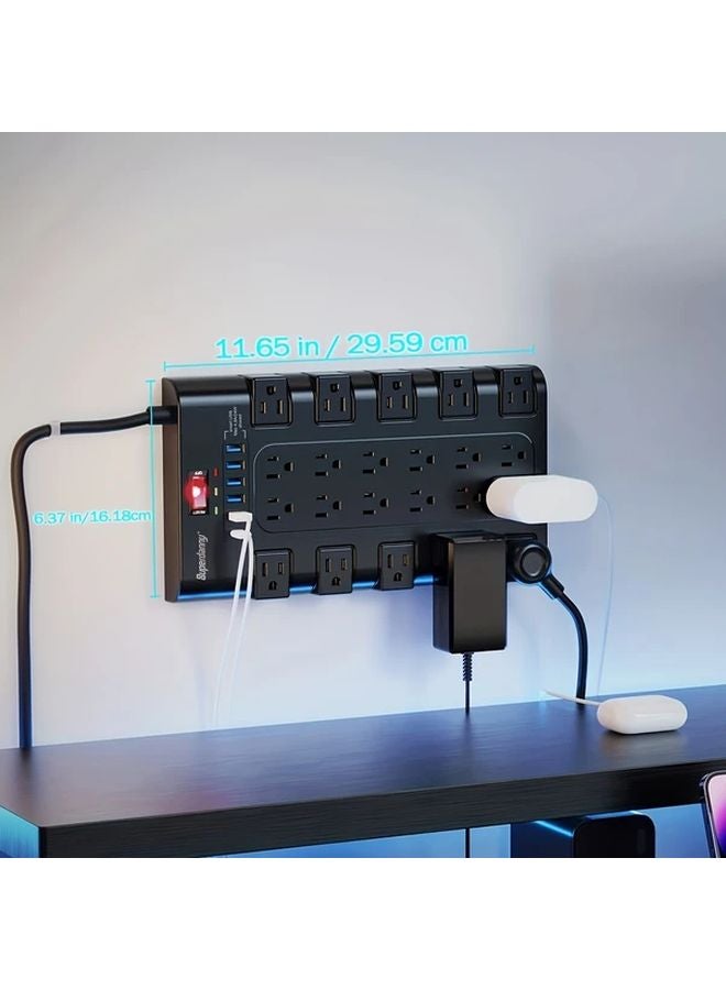 Black Compact Power Strip 22 AC Outlets 6 USB Ports Surge Protector Flat Plug - Image 2