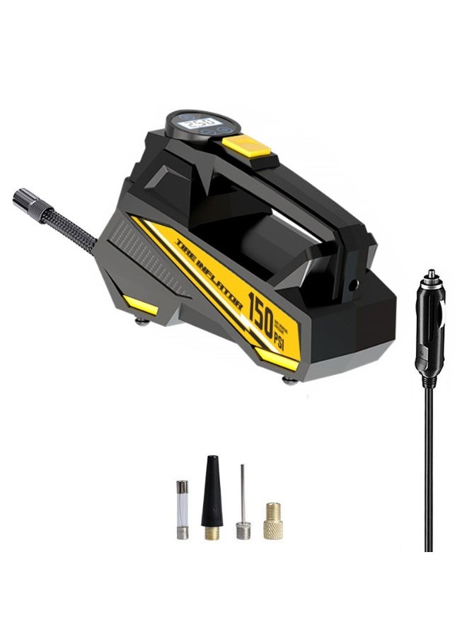 Tyre Inflator Air Compressor 12V, Portable Electric Car Tyre Pump with Tyre Pressure Gauge, Auto-Stop Car Air Pump with Valve Adaptors and LED Light, Car Accessories, Yellow - Image 1
