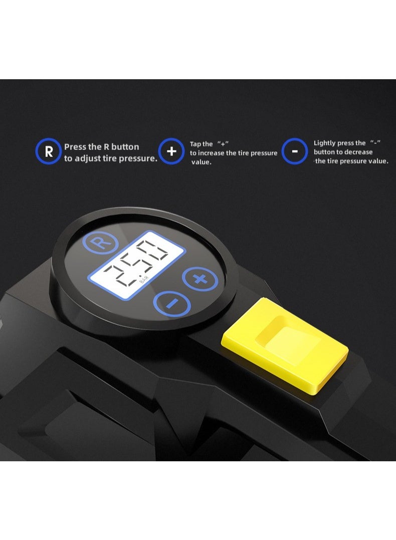 Tyre Inflator Air Compressor 12V, Portable Electric Car Tyre Pump with Tyre Pressure Gauge, Auto-Stop Car Air Pump with Valve Adaptors and LED Light, Car Accessories, Yellow - Image 4
