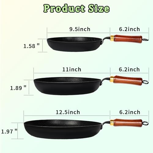YJSLICT 3 Pack Nonstick Frying Pan, 10”/11”/12.5” Lightweight Iron Skillets with Detachable Wooden Handles, Pre Seasoned wok with Tempered Glass Lids - Image 2