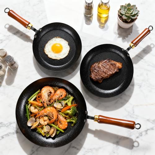 YJSLICT 3 Pack Nonstick Frying Pan, 10”/11”/12.5” Lightweight Iron Skillets with Detachable Wooden Handles, Pre Seasoned wok with Tempered Glass Lids - Image 5