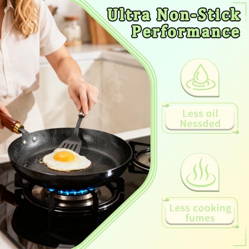 YJSLICT 3 Pack Nonstick Frying Pan, 10”/11”/12.5” Lightweight Iron Skillets with Detachable Wooden Handles, Pre Seasoned wok with Tempered Glass Lids - Image 3
