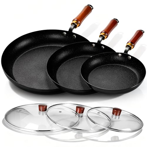 YJSLICT 3 Pack Nonstick Frying Pan, 10”/11”/12.5” Lightweight Iron Skillets with Detachable Wooden Handles, Pre Seasoned wok with Tempered Glass Lids - Image 1