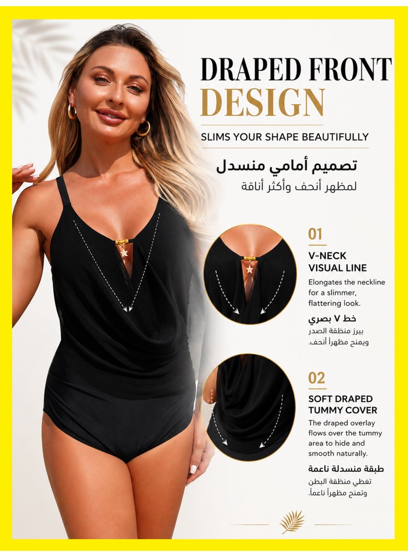 موقف حياة السيدة ملابس سباحة قطعة واحدة أسود بغطاء شبكي، ملابس سباحة محتشمة بتصميم أمامي منساب وتفاصيل نجمة ذهبية للشاطئ والعطلة - Image 2